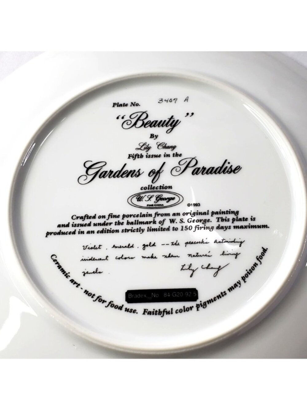 Beauty Peacock Plate By Lily Chang Gardens Of Paradise 1993 COA - Picture 3 of 12